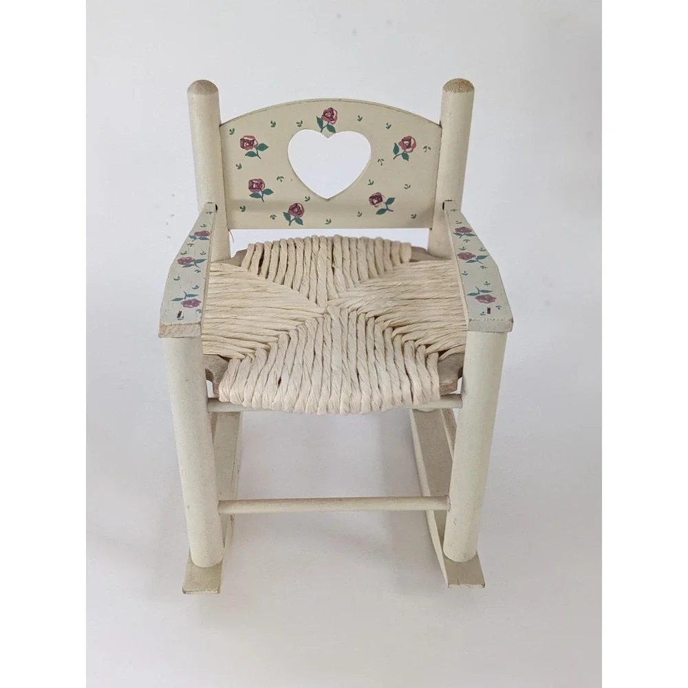 Vintage Miniature Wooden Rocking Chair Heart Cutout Rose Floral Woven Seat 8